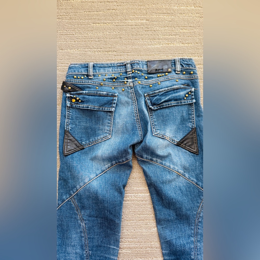 Unique - one of a kind - Vintage Blue Skinny Jeans with Black and Gold Accents